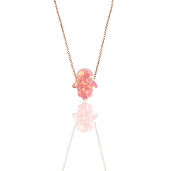 

Gümüş rose fatma ana eli pembe opal taşlı kolye