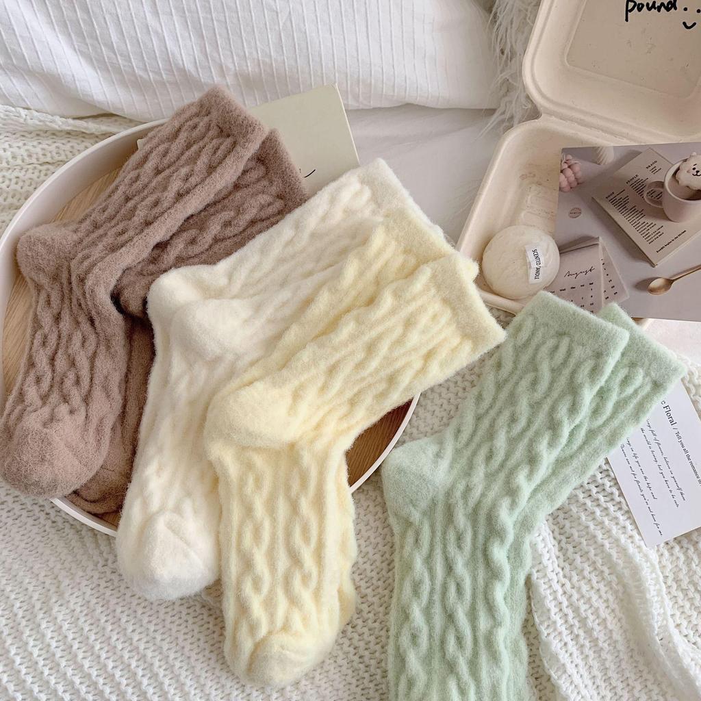 Dámské vlněné podkolenky: Silný teplý kabelový úplet v jednobarevných bonbónových barvách pro podzim/zimu