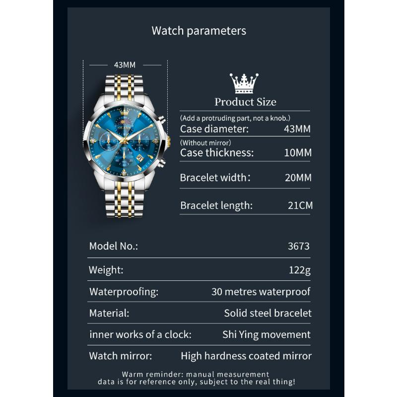 OLEVS Mens Watch Original Business Brand Quartz Watch Rhombus Mirror Waterproof Luminous Automatic Date Moon Phase Watch