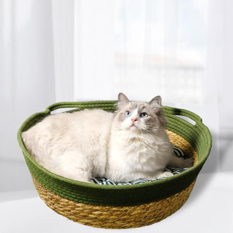 Natural Straw Cats House Resting Basket for Small Dog Cats Scratchproof Bulrush Bed Cats Furniture Pet Nest All Season