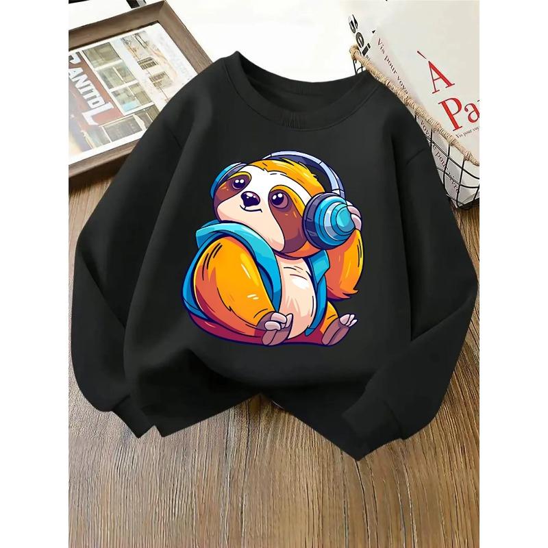 Kids Sweatshirt Round-Neck Long-Sleeved Crewneck Sweatshirt, Soft Casual Print Sweatshirt, Cute Sloth with Headphones, Easy-Care Pattern Outfit