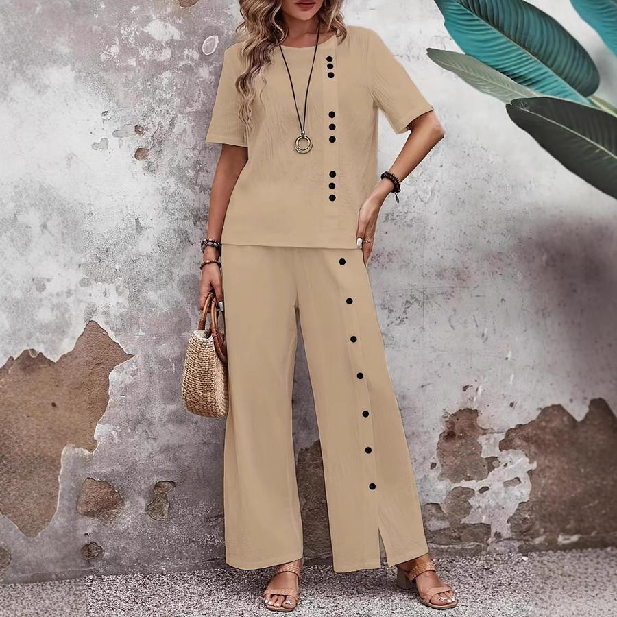 Oversized Cotton Linen Fashion Casual Two-Piece Set Short Sleeve Button Loose Wide Leg Pants Women's Clothing