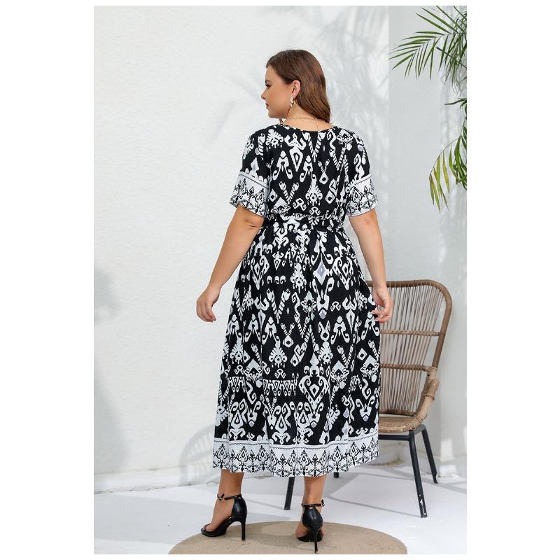 Summer Women Dress Short Sleeve High Waist V-Neck Midi Dress Plus Size Sexy Temperament Print Dress