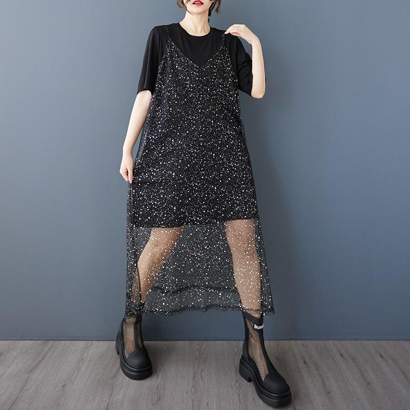 

Короткий рукав Плюс размер Черный винтажный новый в платьях для женщин повседневный свободный миди длинное летнее платье 2 шт.