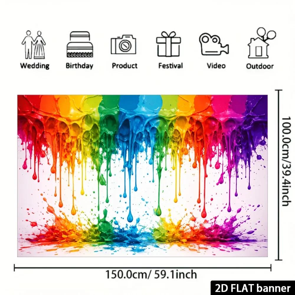 Ein 2D-Flächenhintergrundstoff mit dem Thema Regenbogenpigmenttropfen und -spritzern, hergestellt aus strapazierfähiger Polyesterfaser.