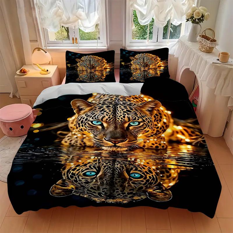 3pcs Leopard Reflection Printed Bedding Set, Soft and Comfortable Quilt Cover for Bedroom, Guest Room (1 Duvet Cover + 2 Pillowcases, Pillow Core