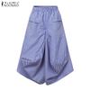 ZANZEA Dame Casual Elastisk Midje Løse Capri Bukser med Stripetrykk