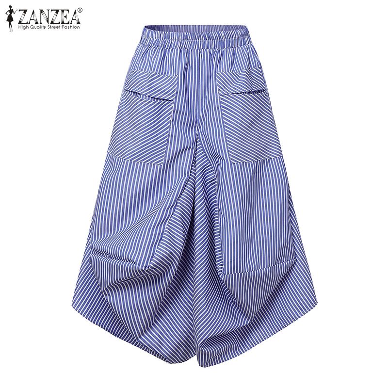 ZANZEA Dame Casual Elastisk Midje Løse Capri Bukser med Stripetrykk