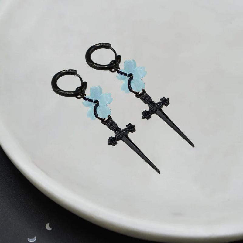 Punk Black Sakura Blade Earrings Gothic Cherry Blossom Sword Pendant Small Hoop Earrings Japanese Jewelry