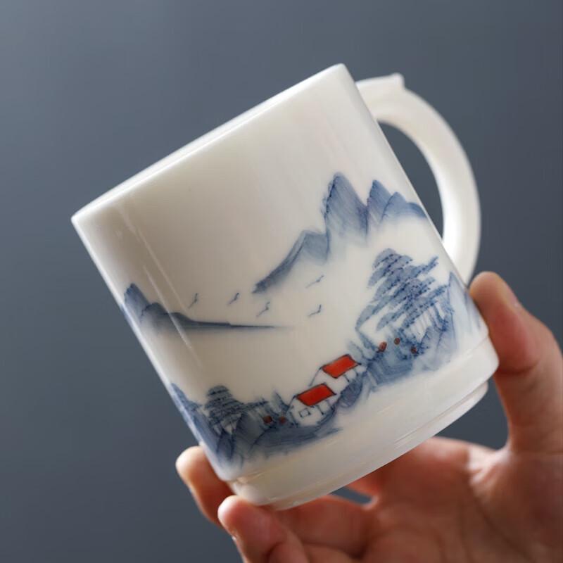 Sushi Hand-painted Mutton Fat Jade Ceramic Mug with Lid