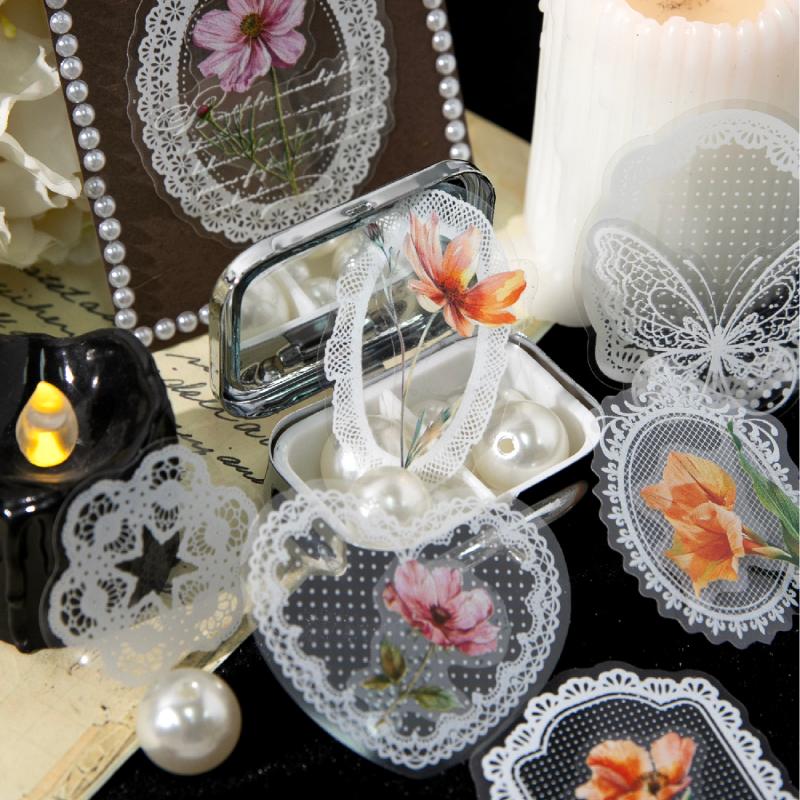 Journal GO 20pcs Island Dream Kawaii Lace Flower Frame PET Stickers DIY Diary Scrapbook Aesthetic Stationery Collage Junk Jornal