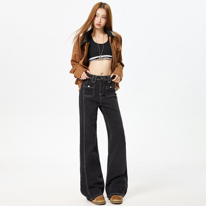 

Женские джинсы микро-клеш с цветным блоком черного и серого цветов - Дизайн осени 2025 года, облегающий крой и карманы M