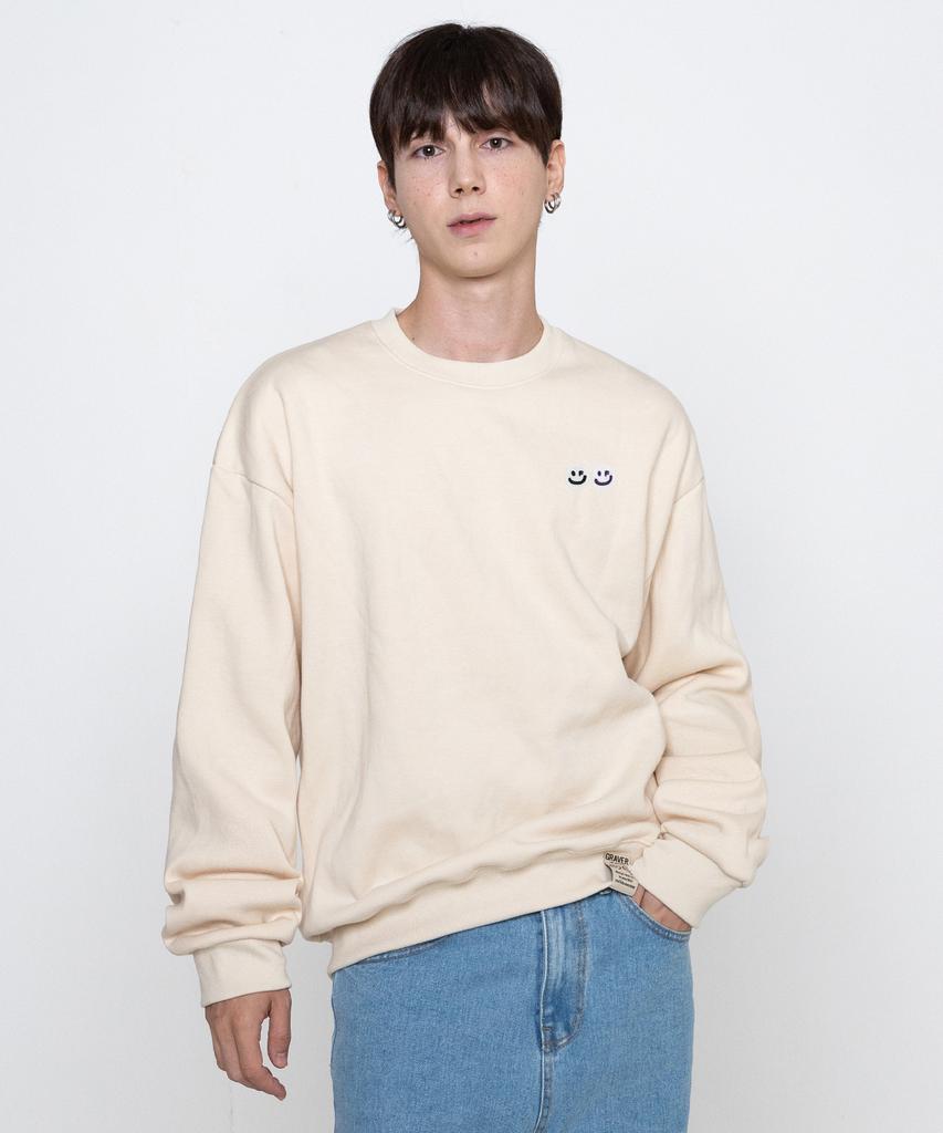 GRAVER [Unisex] Double Smile Embroidered Logo Sweatshirt_Cream