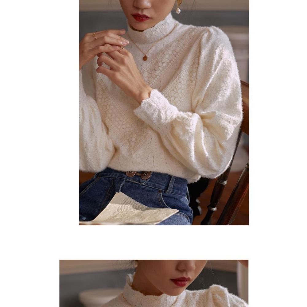 Chemisier de style cour française à col semi-haut et base en dentelle brossée pour femmes, haut de superposition intérieure pour l'automne et l'hiver