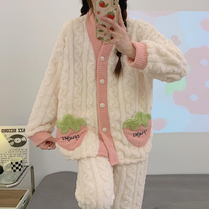 Women's Autumn & Winter Jacquard Coral Fleece Pajamas, Cute V-Neck Cardigan, Thick & Cozy Home Wear
