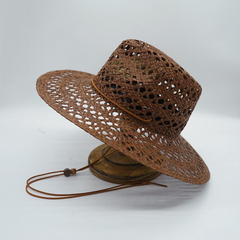 Brown Hollow Hand-Woven Raffia Panama Jazz Top Hat Flat Straw Hat Summer Men'S And Women'S Vacation Beach