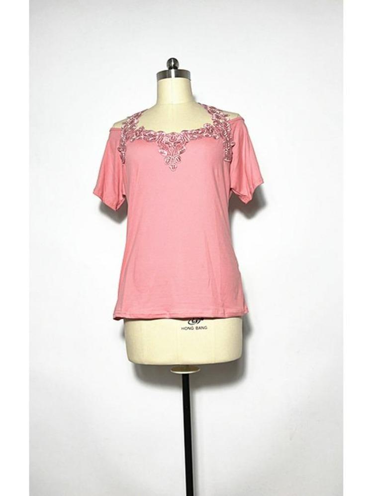 American Style European Women's Casual Loose V Neck Short Sleeve T Shirt with Lace Splice