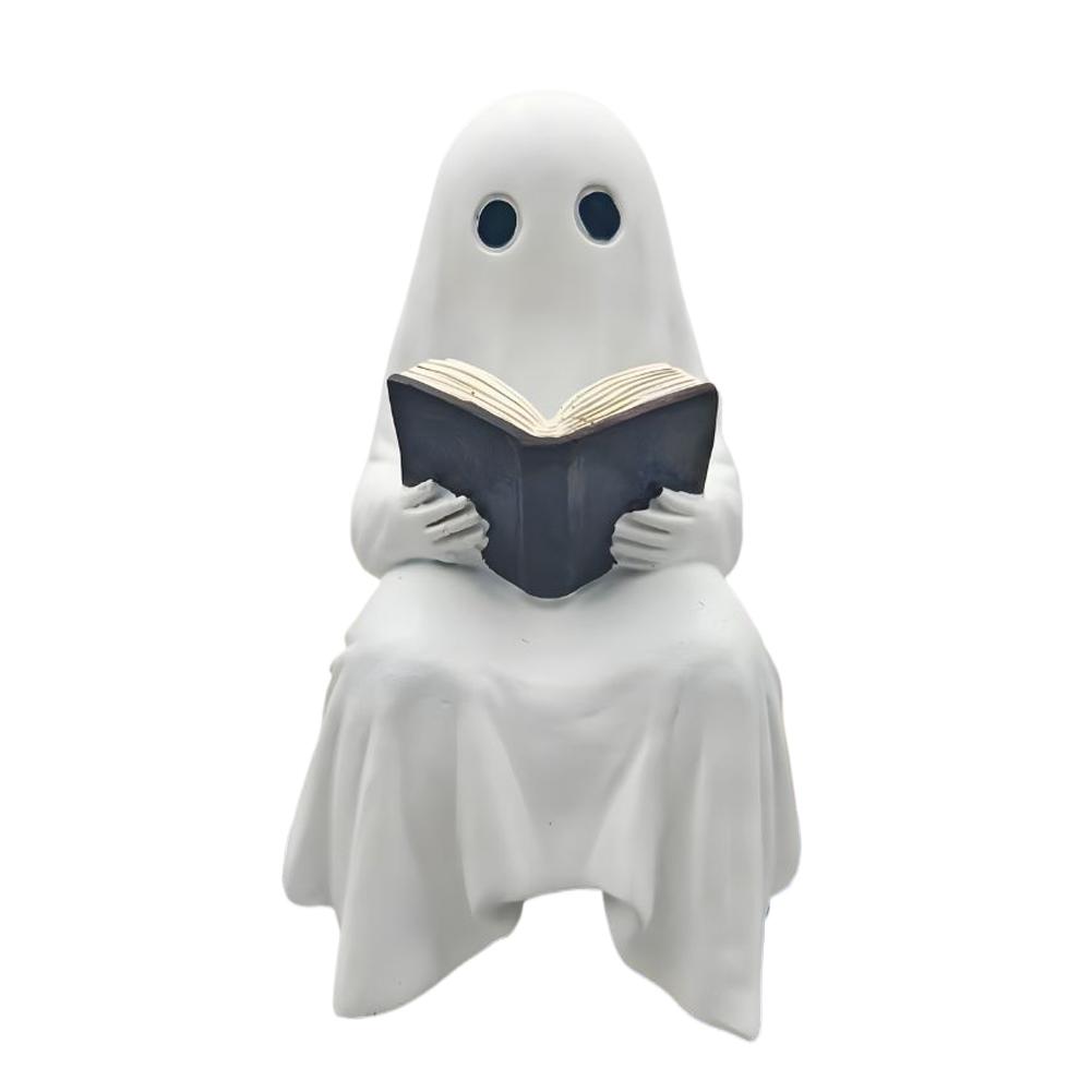 Halloween Resin Cute Ghost Statue Ghost Reading Book Outdoor Statue Miniature Figurine for Tabletop Halloween Decor Ghost Decor