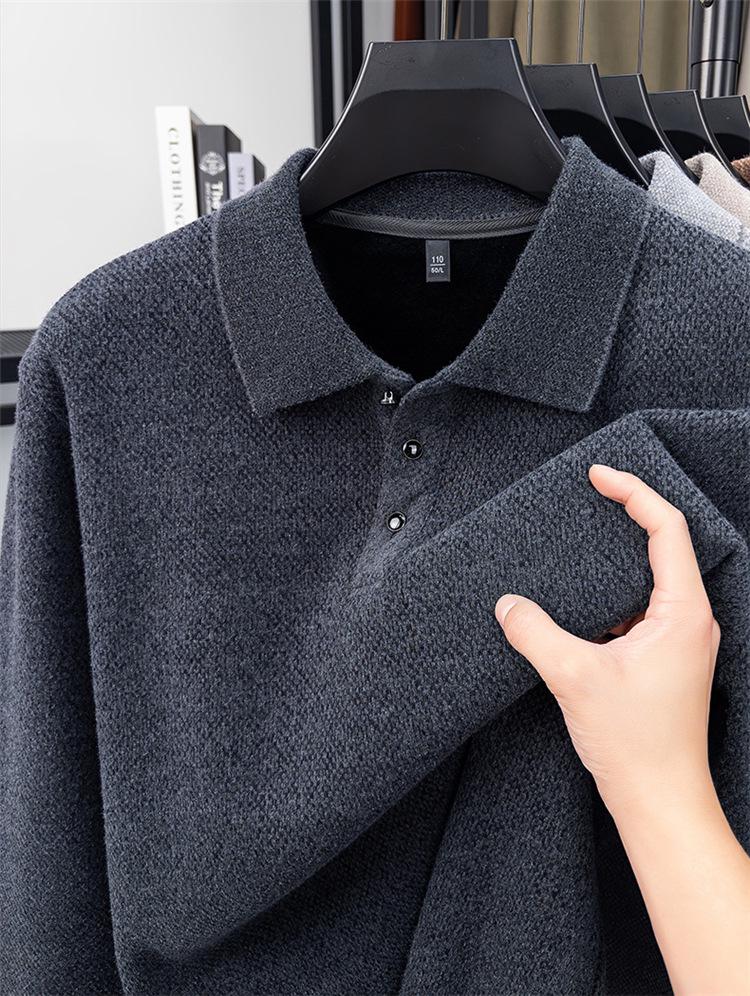Men's Plus Velvet Knitwear Winter Lapel Polo Shirt - Middle-aged Casual Warm Long Sleeve Sweater Base Layer