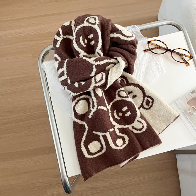 Soft Knitted Bear Motif Scarf Women Winter Warm Double-Sided Wrap Shawl Student Style Unisex Accessory