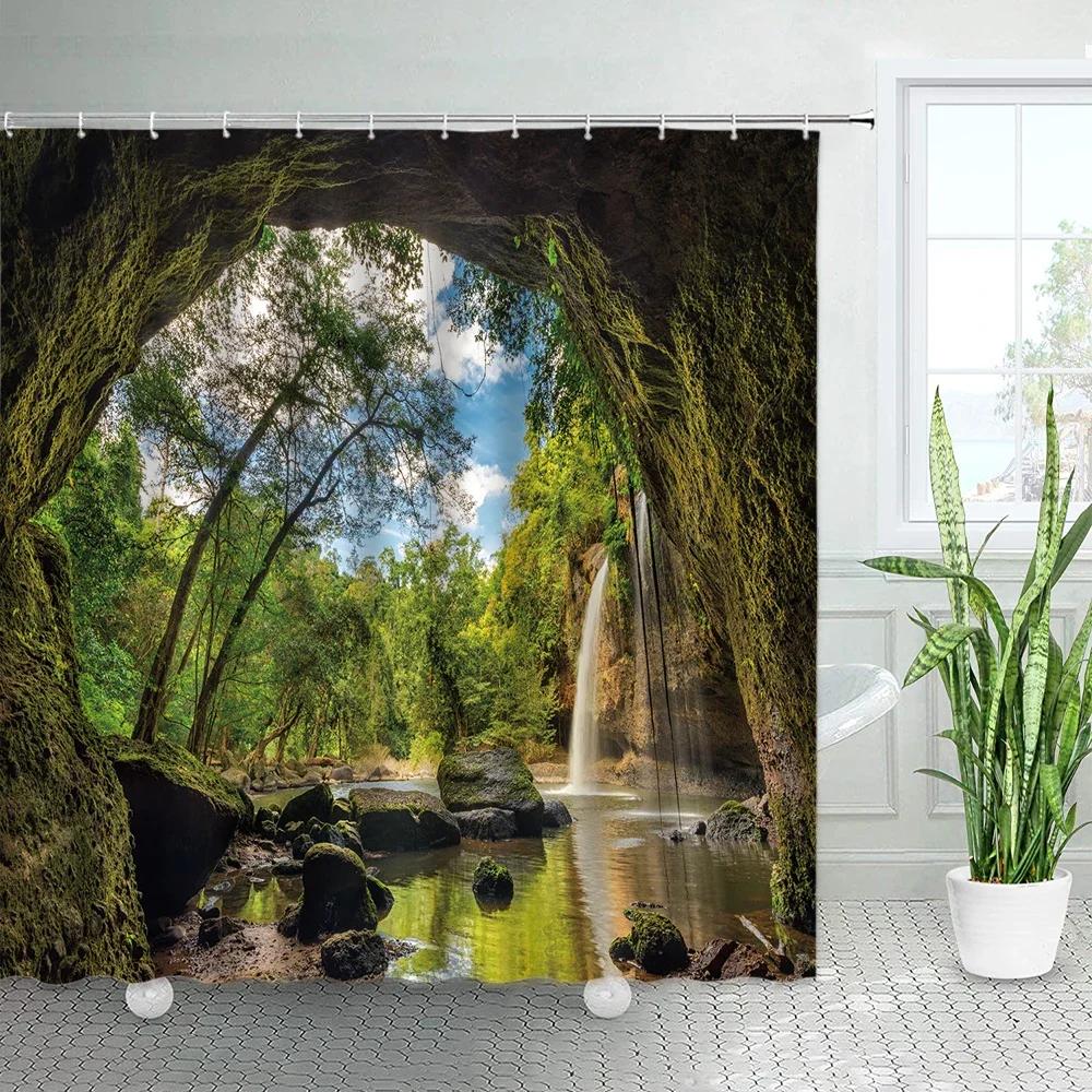 

Waterfall Bathroom Curtains Spring Forest Park Shower Curtain Green Bamboo Nature Landscape Waterproof Fabric Home Bathtub Decor 90X180cm