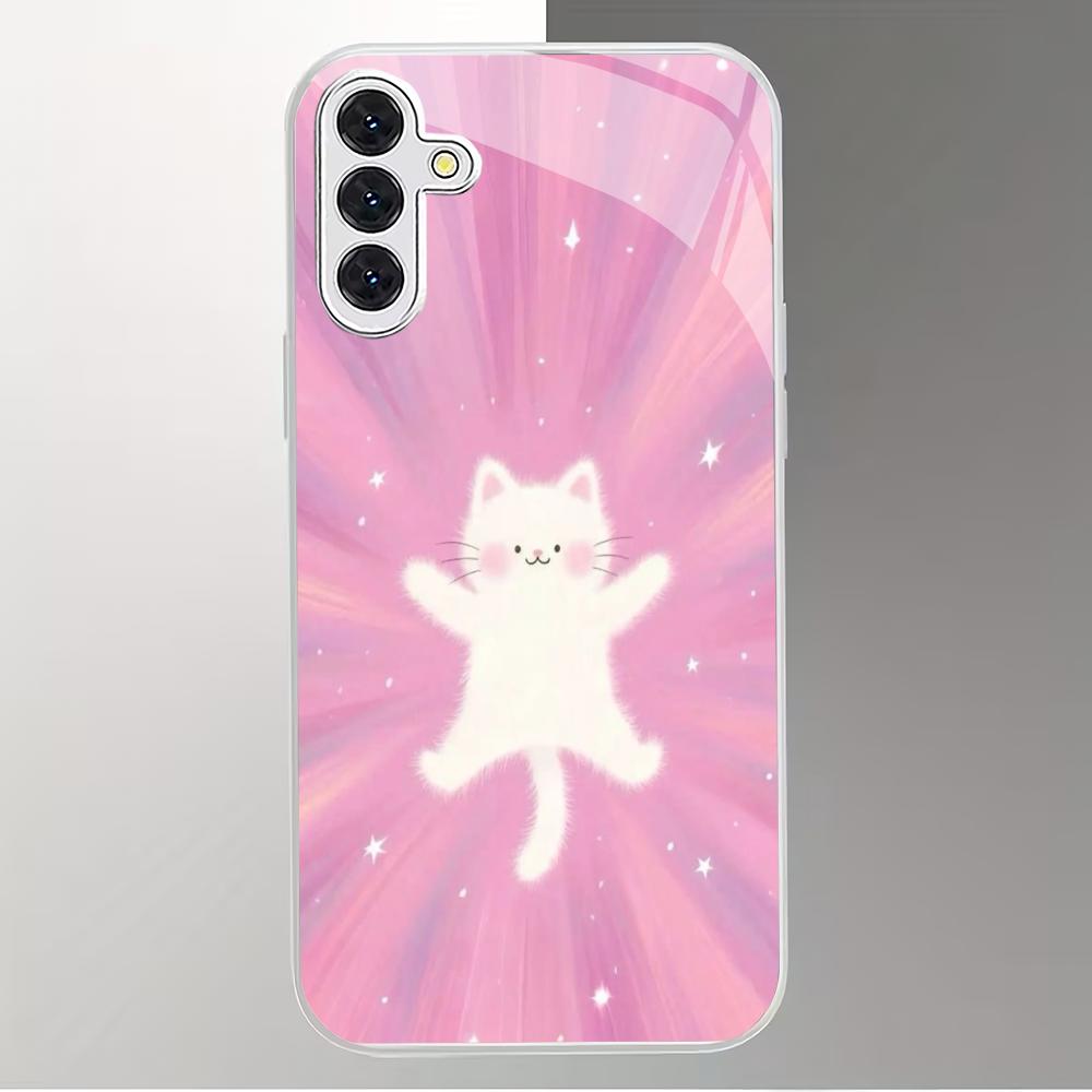 Happy Pink Cat Silver Plated Glass Phone Case Suitable for Samsung Galaxy S26 S25 S24 S22 S21 S20 FE/Ultra/Plus Anti Fall