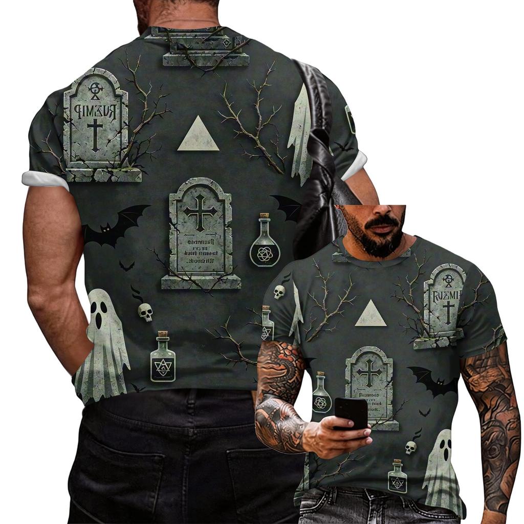 Men's Halloween Graphic T Shirt Loose Fit Casual Short Sleeve Top with Printed Witch and Pumpkin Design for Seasonal Wear