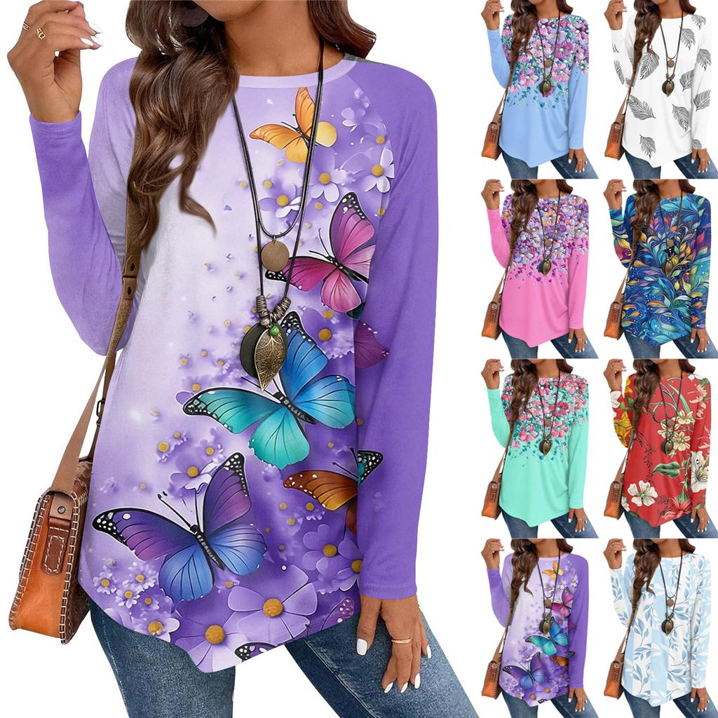 Women's Casual Plus SizeLong Sleeved Round Neck Vintage Ethnic Printing T-shirt Top Pullover