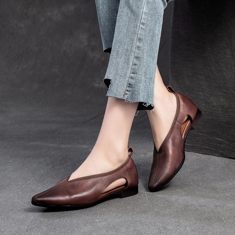 GKTINOO 2024 Autumn New Hollow Breathable Pointed Flat Shoes Retro Genuine Leather Soft Sole Women's Slip-on Shoes