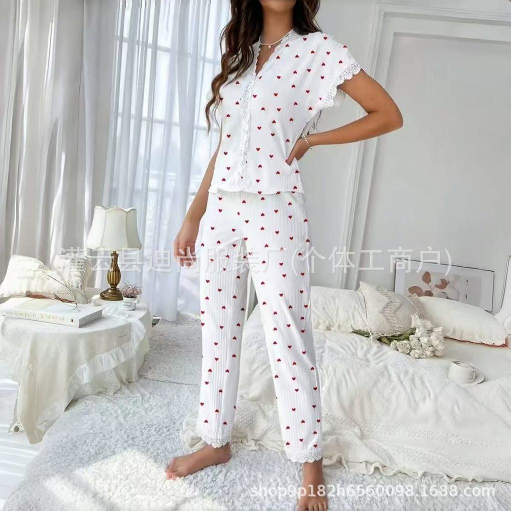 Hot-selling women's loungewear in Europe and America, water-soluble embroidered lace short-sleeved trousers can be worn outside pajamas pajamas