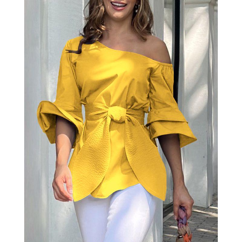 

Sloping Shoulder Personalized Design Waist Hugging Shirt Women Blue off-the-Shoulder Waist Binding Fashion Top Shirt Ladies Yellow XL