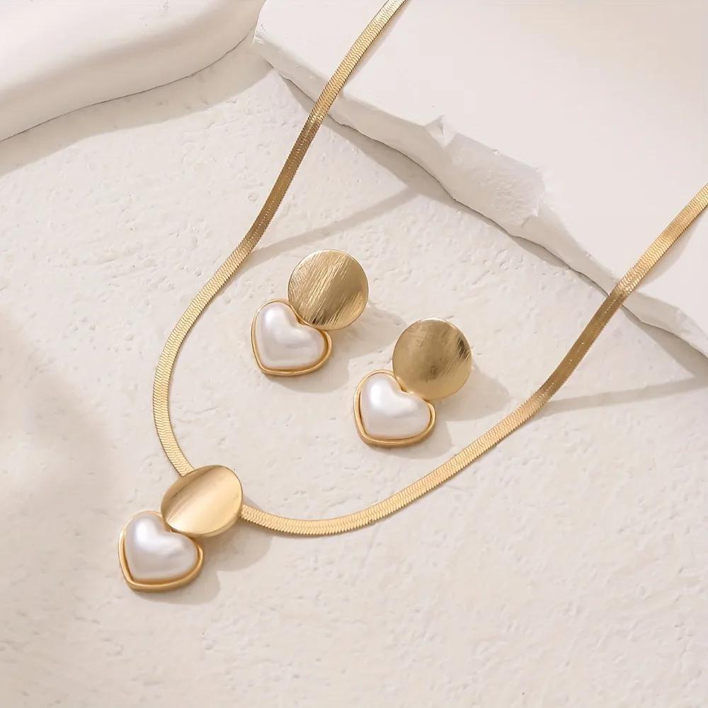 Sada 2 kusů Minimalistický Kreativní Zlatá Barva Kruhový Srdcovitý Přívěsek Hadí Kost Řetízek Náhrdelník Náušnice pro Ženy Šperky Sady