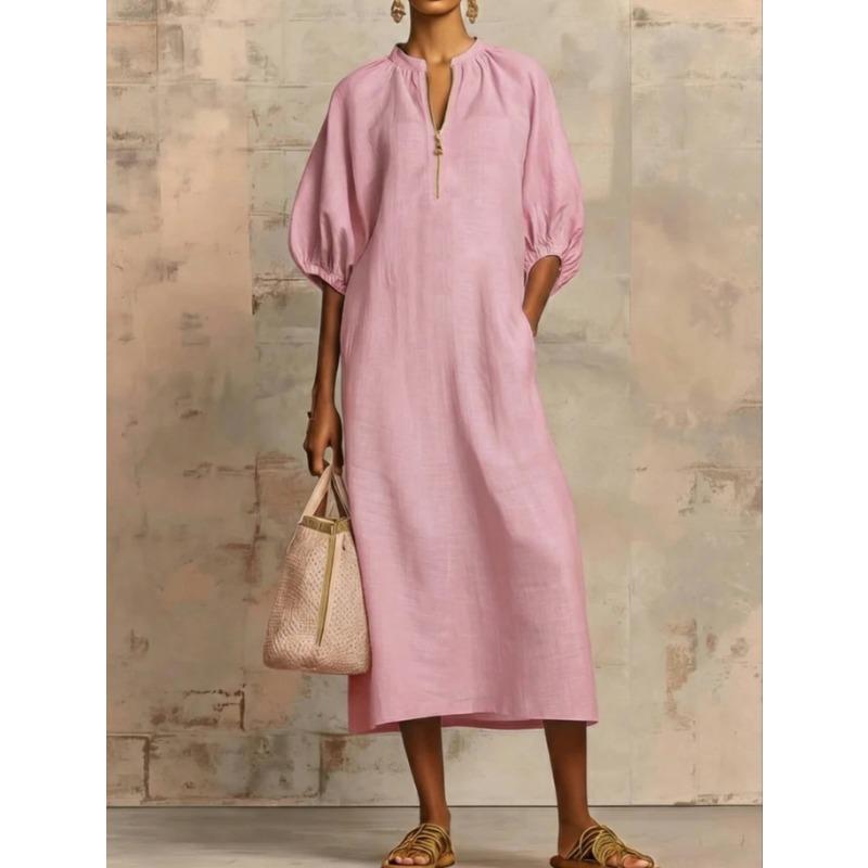 QICED Fashion Summer Spring Solid Color Print 1/2 Sleeves V-Neck Casual Dresses