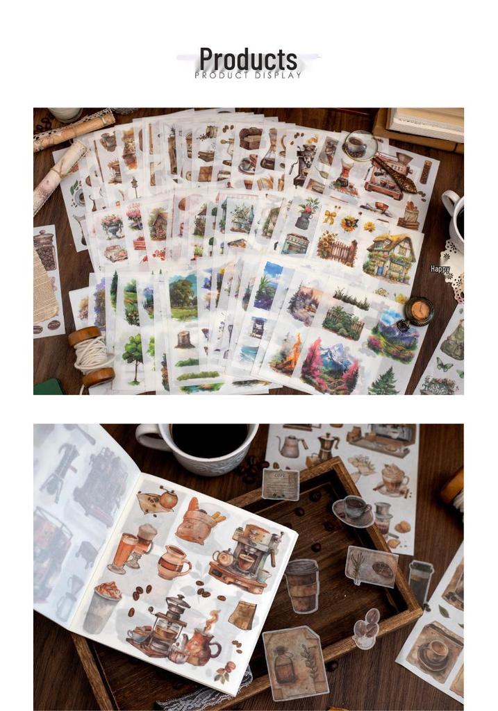 Retro Scenery Die-cut Sticker Book: Washi Paper with Houses, Forests & Coffee Themes