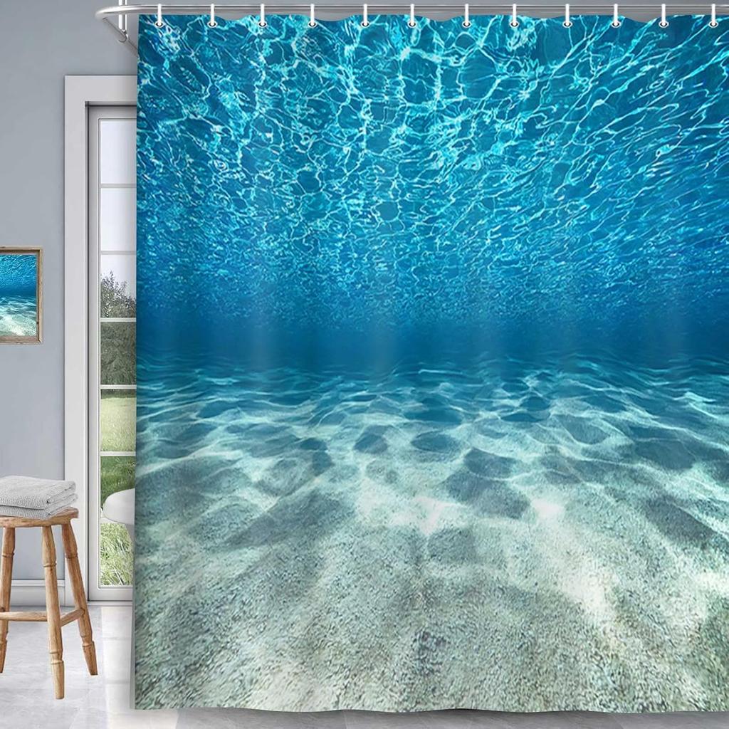 MERCHR Blue Ocean Beach Shower Curtain, Nature Underwater Sea World Scene Bathroom Curtains Waterproof Fabric, 71 x 71 Inches