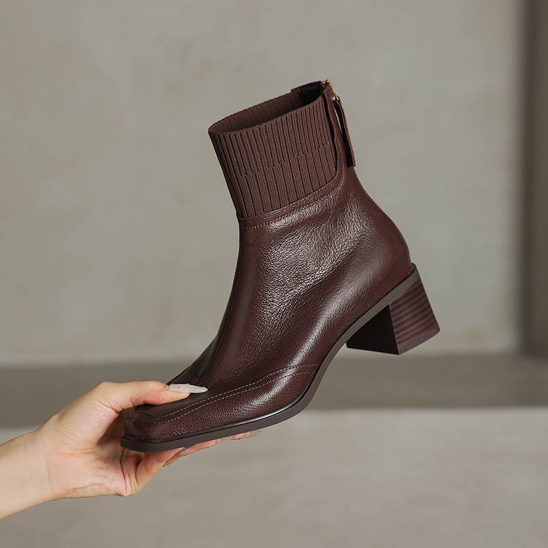 Krazing Pot Sheepskin Autumn Winter Shoes Thick Heels Size 42 Square Toe Zipper Knitwear Vintage Ankle Boots