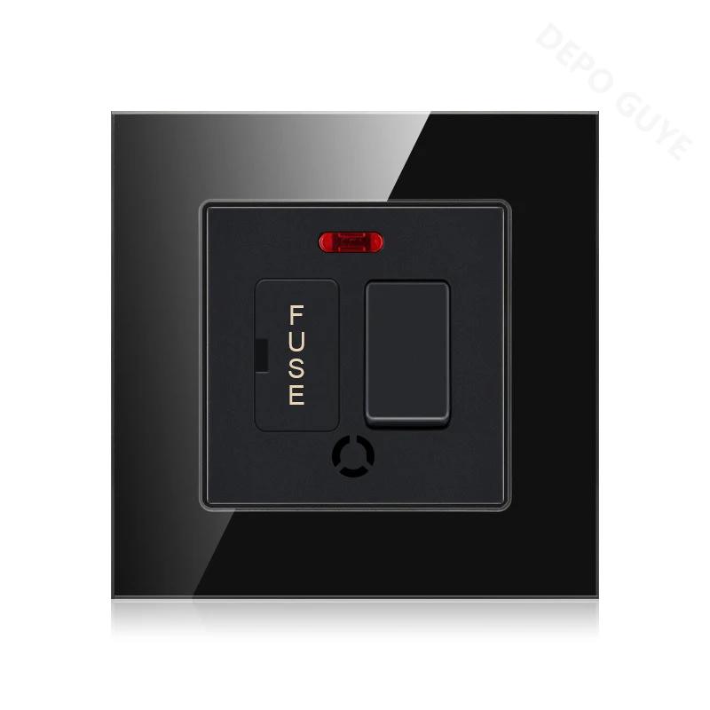 86 Type UK 13A Switch With Fuse Electrical Switch Light Spurs Neon Black White Grey Tempered glass Fuse 13A Wall Switch Panel