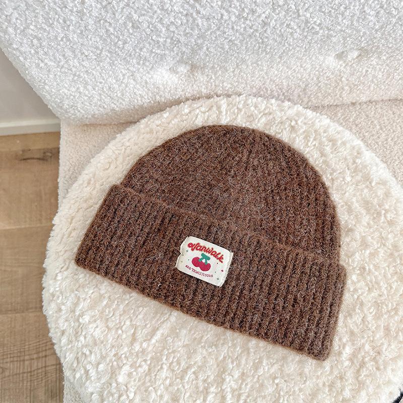 Autumn and Winter Embroidered Cloth Label Cherry Woolen Hat Korean Style Simple Face Showing Small Cold Hat Ear Protection Pullover Head Woolen Hat