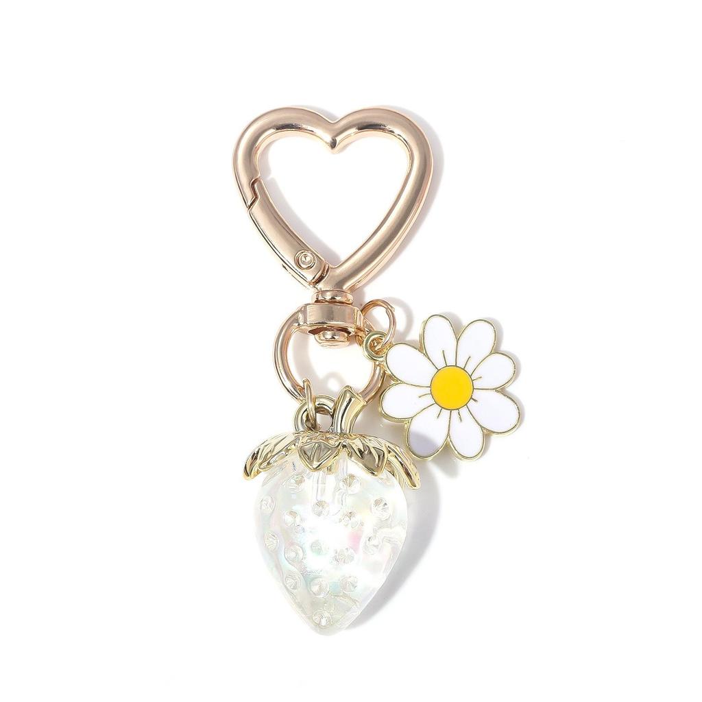 Peach Heart Strawberry Flower Keychain - Heart-Shaped Bag or Car Pendant