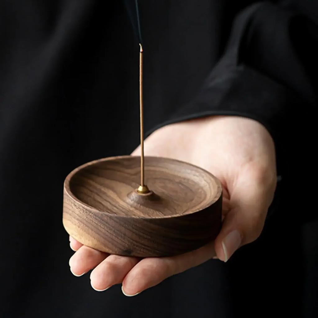 Wood Round Incense Burner Incense Sticks Holder Ash Catcher Desktop Centerpiece Home Fragrance for Yoga Bedroom Office Decor