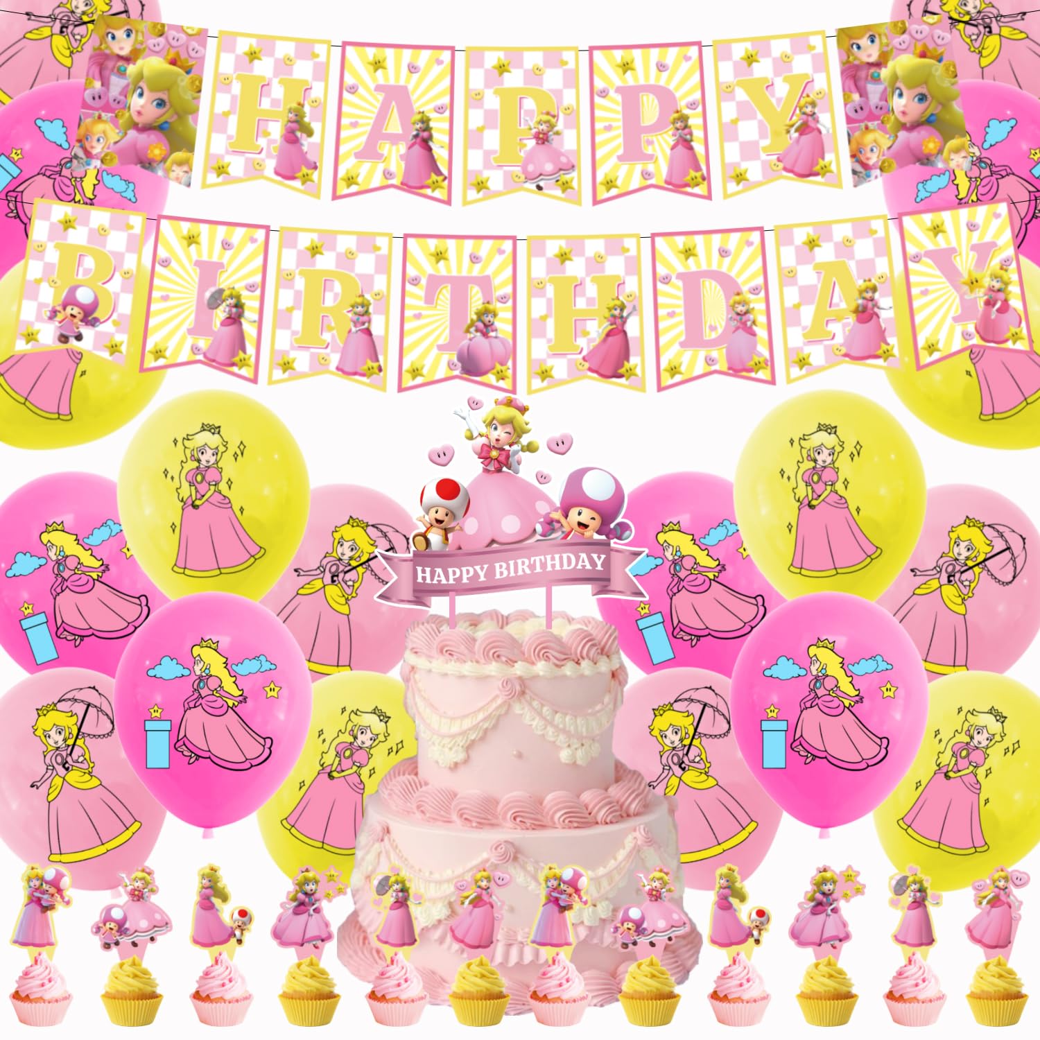 

Princess Peach Birthday Party Decoration Set for Kids Super Mario Game Character Cute and Funny Boys and Girls Pink and Blue Happy Birthday Cake
