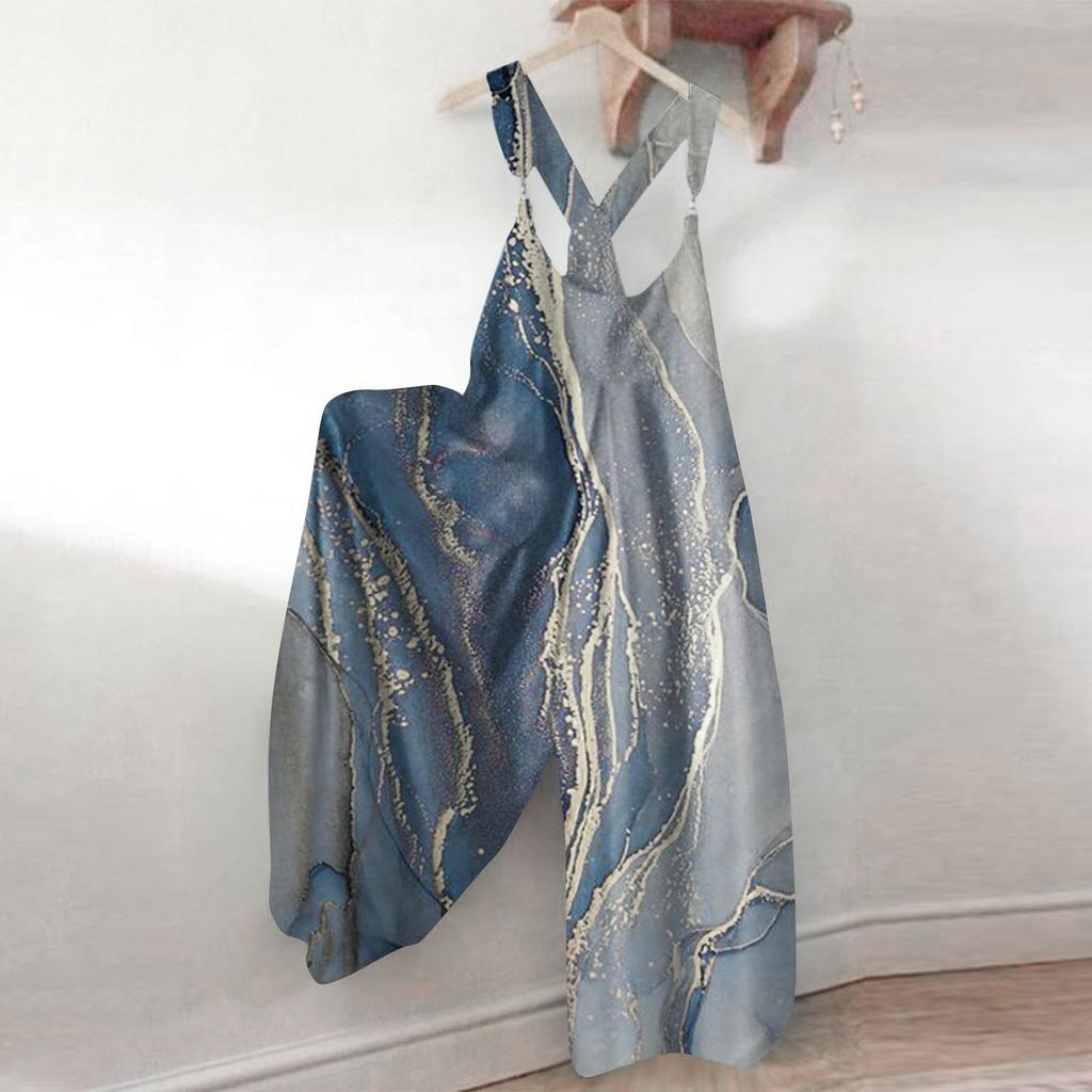 Wide Leg Overalls For Women Casual Loose Sleeveless Jumpsuits Retro Print Metal Button Long Pant Romper Jumpsuit With Pockets