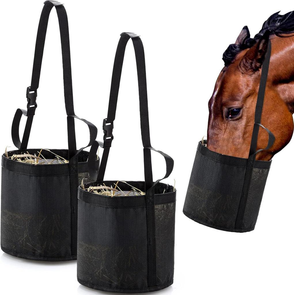 Adjustable Spill-Proof Horse Feed Bag with Mesh Slow Feeder Design