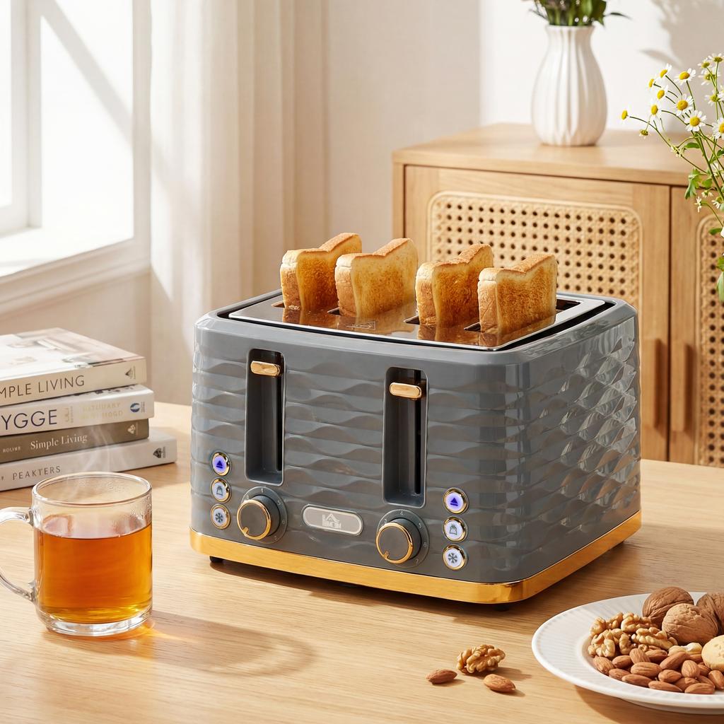 Toaster for 4 Slices with 7 Browning Levels, High-Lift, Reheat/Defrost/Cancel Function, Grey Wave Design