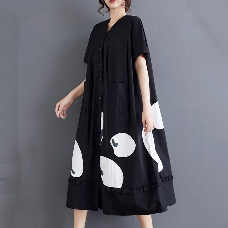 Short Sleeve Plus Size Black Cotton Vintage New In Dresses for Women Casual Loose Long Summer Dress
