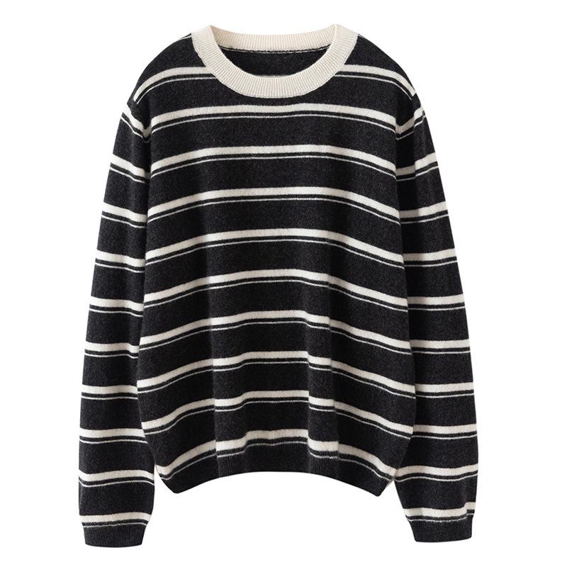 Autumn Winter Retro Stripe 100% Pure Cashmere Round Neck Knit Loose Sweater