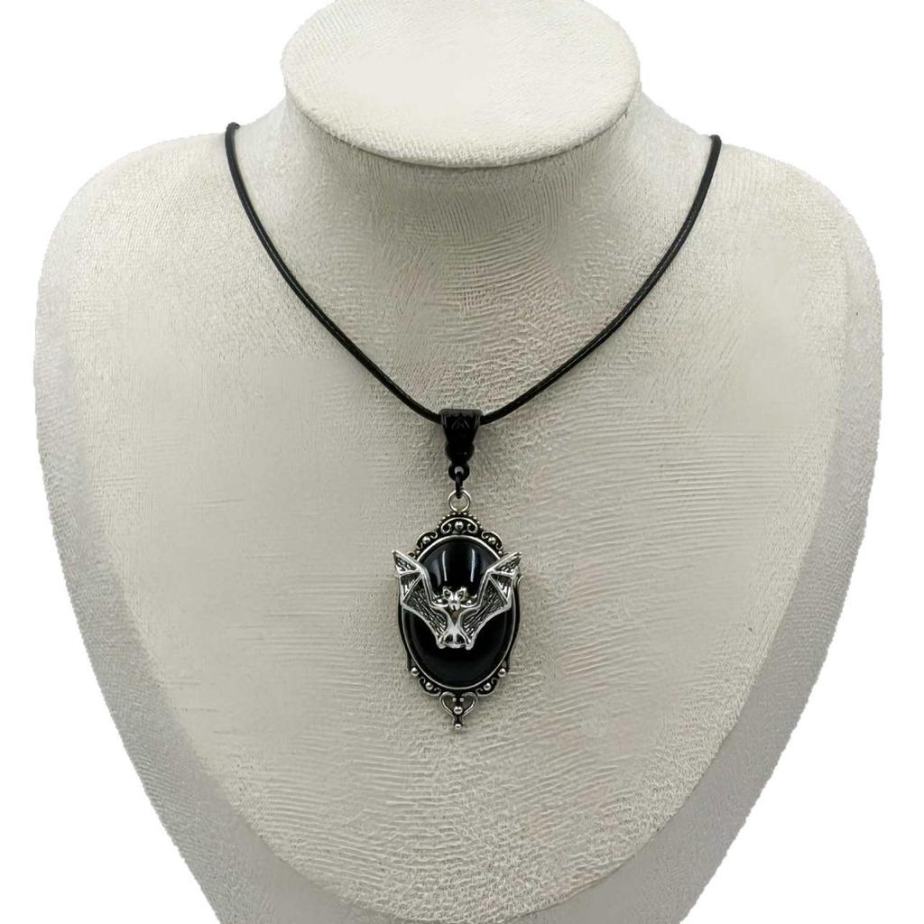 Dark Gothic Time Gem Bat Pendant Necklace - Unisex Halloween Jewelry