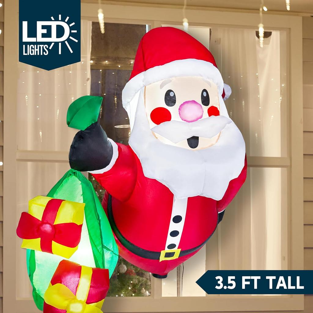 Joyfy 3.5 FT Christmas Inflatables Window Outdoor Decorations Santa with Gift Bags Broke with Built-in LEDs for Chirstmas Gifts