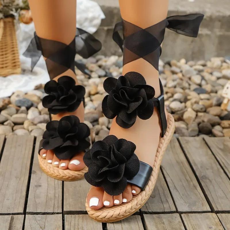 Lace Up Women's Sandals 2025 New Beach Casual Sandals Women Outdoor Flower Shoes Ladies Summer Lightweight Flat Sandals