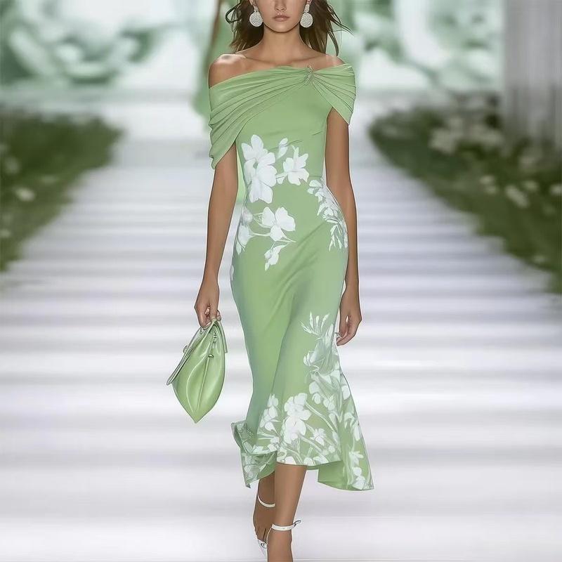 European Style Fashion Off-shoulder Print Slim Fit Maxi Dress Summer Elegant M